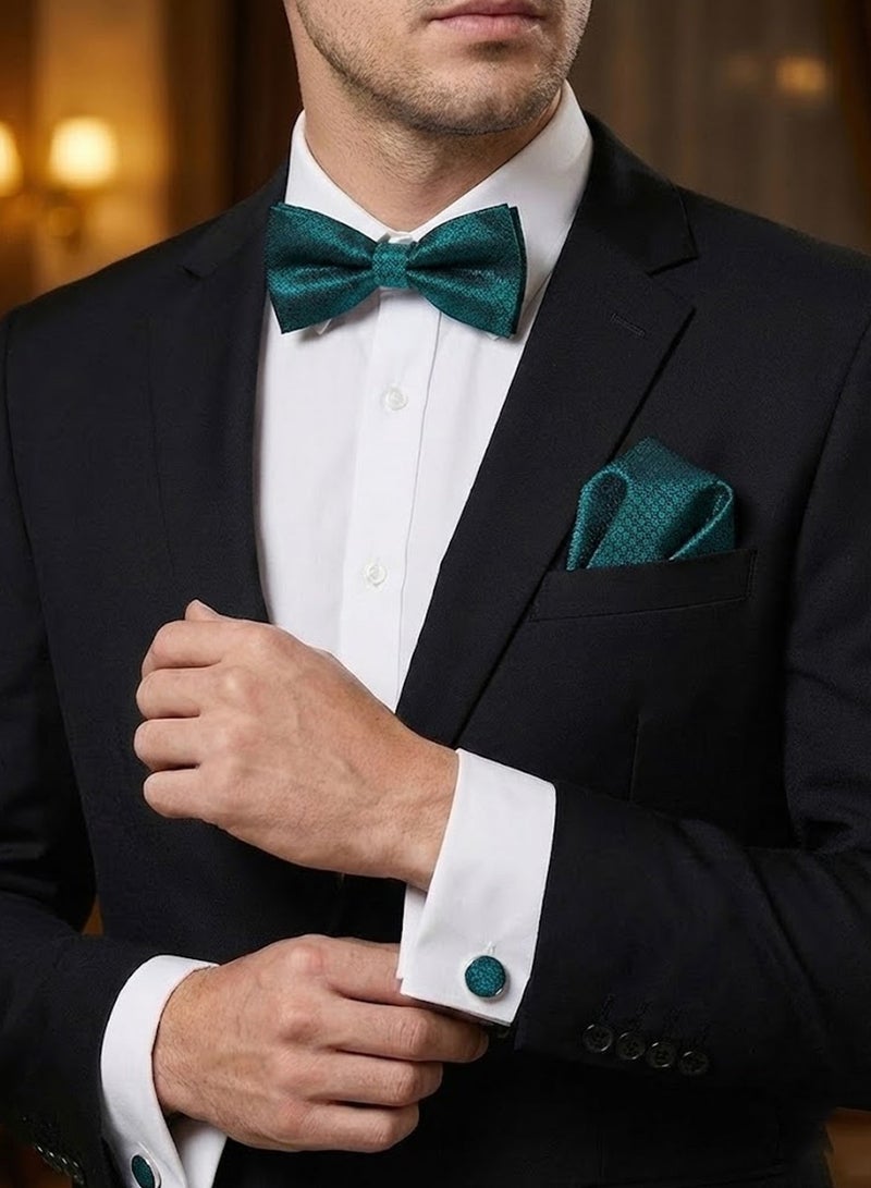 FIORICASA Men’s Premium 4-Piece Tie & Bow Tie Gift Set – Green Micro-Pattern Tie, Bow Tie, Pocket Square & Cufflinks - Image 5